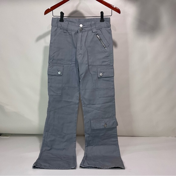 (100% Cotton) Grey Flare Bottom Cargo Pants - Picture 1 of 5